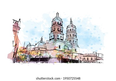 La vista de construcción con el punto de referencia de Durango es la 
ciudad de México. Salto de color de agua con ilustración de esbozo dibujada a mano en vector.