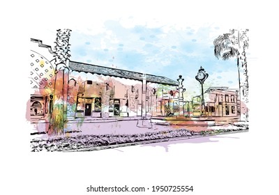 La vista de construcción con el punto de referencia de Durango es la 
ciudad de México. Salto de color de agua con ilustración de esbozo dibujada a mano en vector.