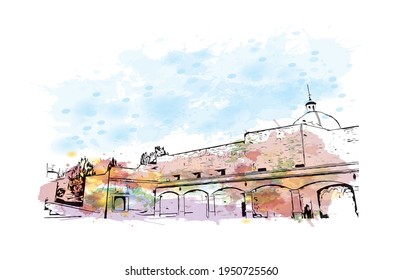 La vista de construcción con el punto de referencia de Durango es la 
ciudad de México. Salto de color de agua con ilustración de esbozo dibujada a mano en vector.