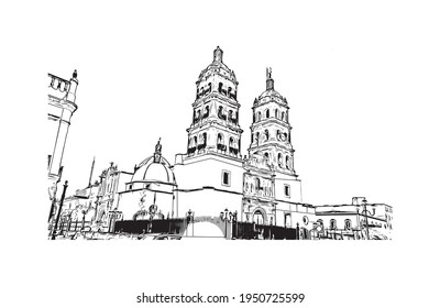 Building view with landmark of Durango is the 
city in Mexico. Hand drawn sketch illustration in vector.