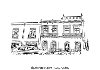 Building view with landmark of Durango is the 
city in Mexico. Hand drawn sketch illustration in vector.