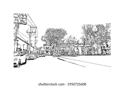 Building view with landmark of Durango is the 
city in Mexico. Hand drawn sketch illustration in vector.