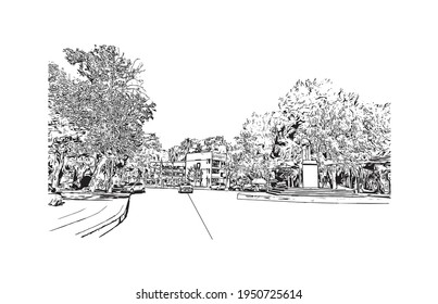 La vista de construcción con el punto de referencia de Durango es la 
ciudad de México. Dibujo a mano de ilustración de esbozo en vector.