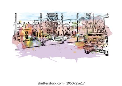 La vista de construcción con el punto de referencia de Durango es la 
ciudad de México. Salto de color de agua con ilustración de esbozo dibujada a mano en vector.