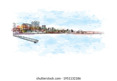 Building view with landmark of Durban is the 
city in South Africa. Watercolour  splash with hand drawn sketch illustration in vector.