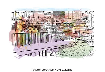 Building view with landmark of Durban is the 
city in South Africa. Watercolour  splash with hand drawn sketch illustration in vector.