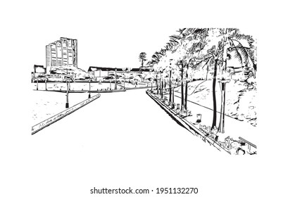 Building view with landmark of Durban is the 
city in South Africa. Hand drawn sketch illustration in vector.