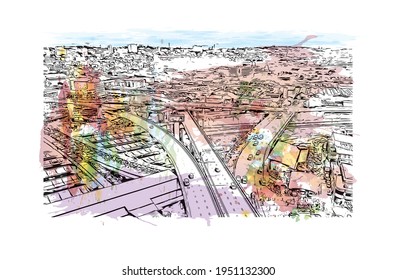 Building view with landmark of Durban is the 
city in South Africa. Watercolour  splash with hand drawn sketch illustration in vector.