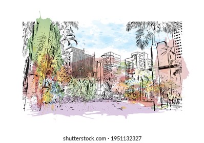 Building view with landmark of Durban is the 
city in South Africa. Watercolour  splash with hand drawn sketch illustration in vector.