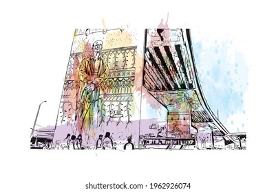 Building view with landmark of Durban is the 
city in South Africa. Watercolor splash with hand drawn sketch illustration in vector.