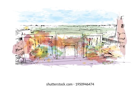 Building view with landmark of Durgapur is the 
city in India. Watercolour splash with hand drawn sketch illustration in vector.