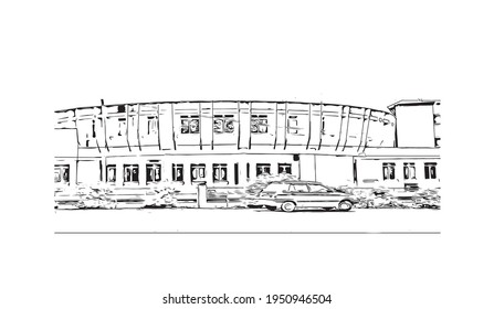 Building view with landmark of Durgapur is the 
city in India. Hand drawn sketch illustration in vector.