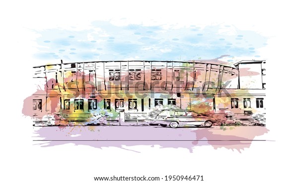 Building view with landmark of Durgapur is the\
\
city in India. Watercolour splash with hand drawn sketch\
illustration in\
vector.