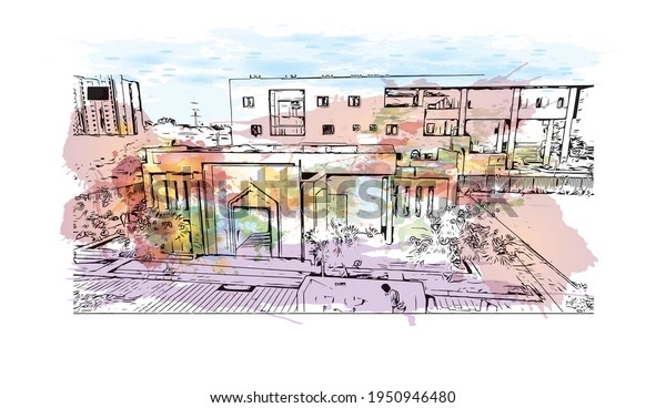 Building view with landmark of Durgapur is the\
\
city in India. Watercolour splash with hand drawn sketch\
illustration in\
vector.