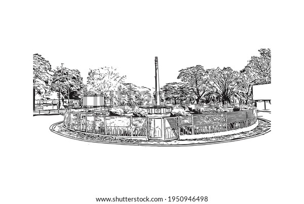 Building view with\
landmark of Durgapur is the \
city in India. Hand drawn sketch\
illustration in\
vector.