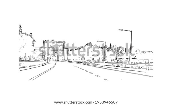 Building view with
landmark of Durgapur is the 
city in India. Hand drawn sketch
illustration in
vector.