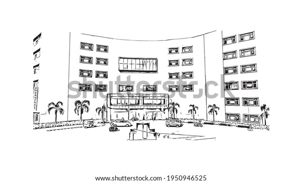 Building view with\
landmark of Durgapur is the \
city in India. Hand drawn sketch\
illustration in\
vector.