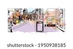 Building view with landmark of Durham is a city in North Carolina. Watercolour splash with hand drawn sketch illustration in vector.