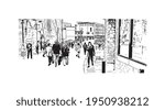 Building view with landmark of Durham is a city in North Carolina. Hand drawn sketch illustration in vector.