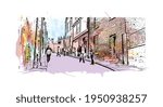 Building view with landmark of Durham is a city in North Carolina. Watercolour splash with hand drawn sketch illustration in vector.