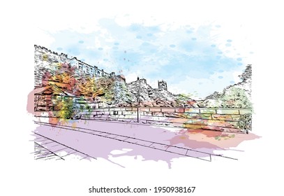 Construir vistas con monumentos de Durham es una ciudad en Carolina del Norte. Salto de color de agua con ilustración de esbozo dibujada a mano en vector.