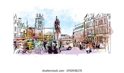 Building view with landmark of Durham is a city in North Carolina. Watercolour splash with hand drawn sketch illustration in vector.