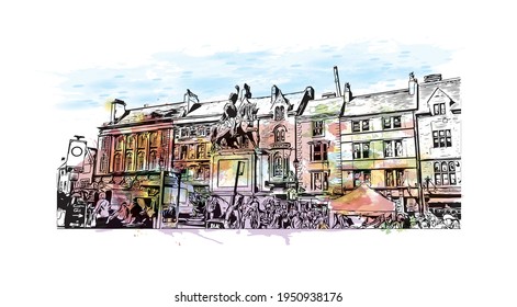 Building view with landmark of Durham is a city in North Carolina. Watercolour splash with hand drawn sketch illustration in vector.