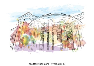 Building view with landmark of Durres is the 
city in Albania. Watercolor splash with hand drawn sketch illustration in vector.