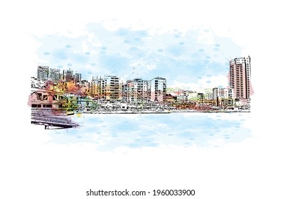 Building view with landmark of Durres is the 
city in Albania. Watercolor splash with hand drawn sketch illustration in vector.