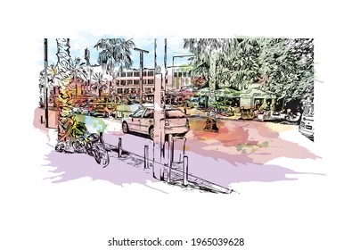 Building view with landmark of Durres is the 
city in Albania. Watercolor splash with hand drawn sketch illustration in vector.