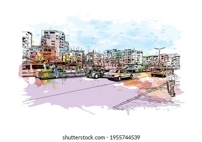 Building view with landmark of Durres is a port city in western Albania. Watercolour splash with hand drawn sketch illustration in vector.
