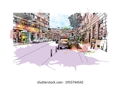 Building view with landmark of Durres is a port city in western Albania. Watercolour splash with hand drawn sketch illustration in vector.