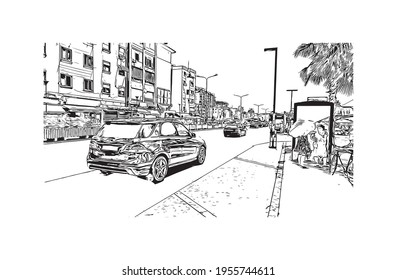 Building view with landmark of Durres is a port city in western Albania. Hand drawn sketch illustration in vector.