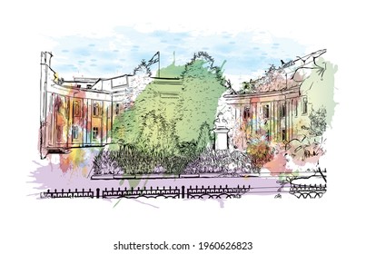 Building view with landmark of Dushanbe is the 
capital of Tajikistan. Watercolor splash with hand drawn sketch illustration in vector.