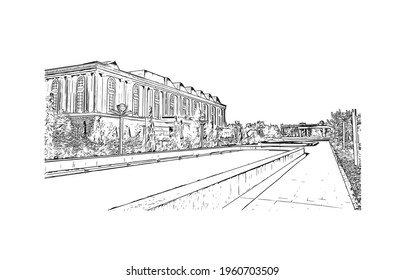 Building view with landmark of Dushanbe is the 
capital of Tajikistan. Hand drawn sketch illustration in vector.