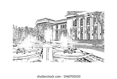 Building view with landmark of Dushanbe is the 
capital of Tajikistan. Hand drawn sketch illustration in vector.