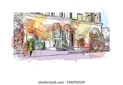 Building view with landmark of Dushanbe is the 
capital of Tajikistan. Watercolor splash with hand drawn sketch illustration in vector.
