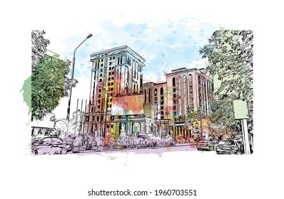 Building view with landmark of Dushanbe is the 
capital of Tajikistan. Watercolor splash with hand drawn sketch illustration in vector.