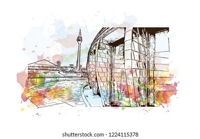 Building view with landmark of Dusseldorf is a city in western Germany known for its fashion industry and art scene. Watercolor splash with Hand drawn sketch illustration in vector.
