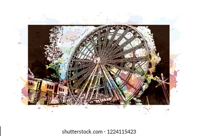 Building view with landmark of Dusseldorf is a city in western Germany known for its fashion industry and art scene. Watercolor splash with Hand drawn sketch illustration in vector.