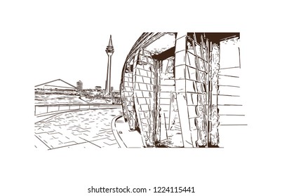 Building view with landmark of Dusseldorf is a city in western Germany known for its fashion industry and art scene. Hand drawn sketch illustration in vector.