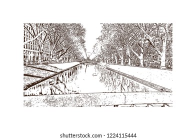 Building view with landmark of Dusseldorf is a city in western Germany known for its fashion industry and art scene. Hand drawn sketch illustration in vector.