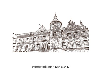 Building view with landmark of Dusseldorf is a city in western Germany known for its fashion industry and art scene. Hand drawn sketch illustration in vector.