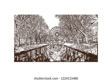Building view with landmark of Dusseldorf is a city in western Germany known for its fashion industry and art scene. Hand drawn sketch illustration in vector.
