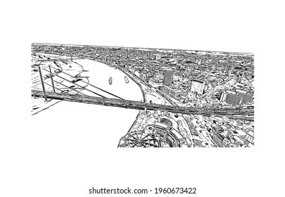 Building view with landmark of Dusseldorf is the 
city in Germany. Hand drawn sketch illustration in vector.