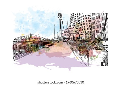 Building view with landmark of Dusseldorf is the 
city in Germany. Watercolor splash with hand drawn sketch illustration in vector.