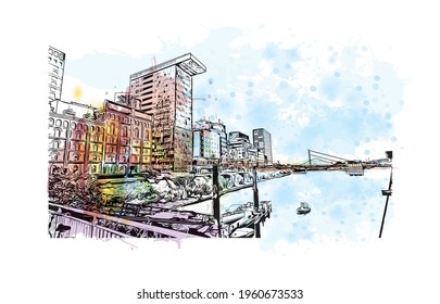 Building view with landmark of Dusseldorf is the 
city in Germany. Watercolor splash with hand drawn sketch illustration in vector.