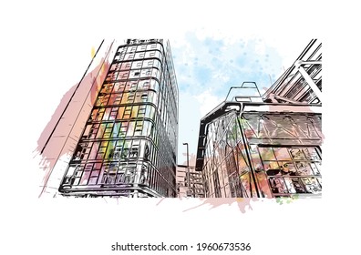 Building view with landmark of Dusseldorf is the 
city in Germany. Watercolor splash with hand drawn sketch illustration in vector.