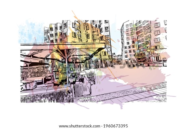 Building view with landmark of Dusseldorf is the\
\
city in Germany. Watercolor splash with hand drawn sketch\
illustration in\
vector.