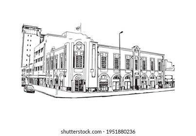 Building view with landmark of East London is the 
city in South Africa. Hand drawn sketch illustration in vector.